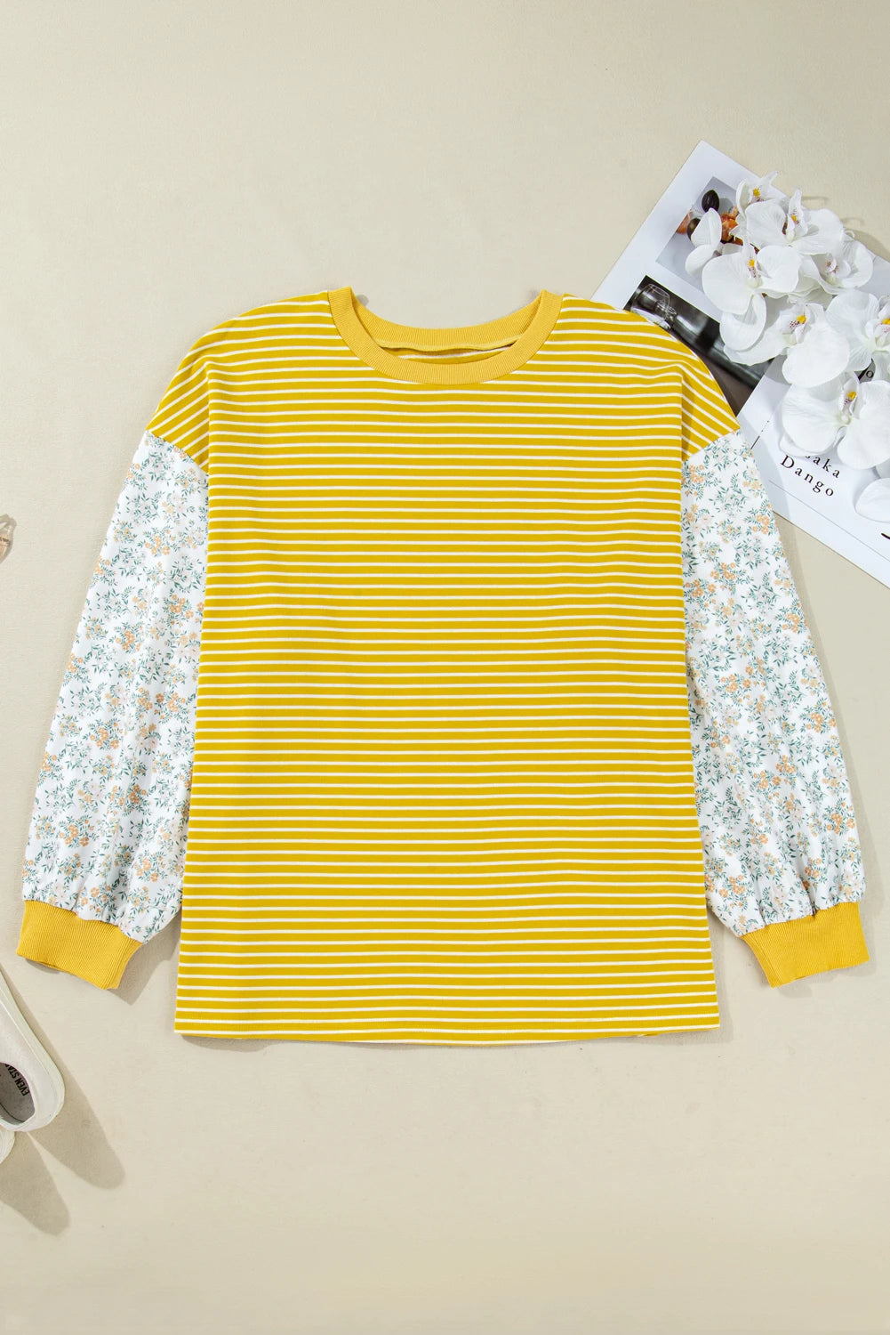 Plus Size Stripe Floral Patchwork Long Sleeve Top