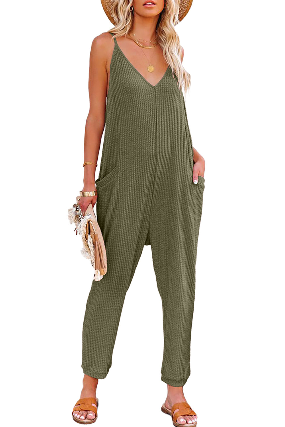 Waffle Sleeveless V-Neck Pocketed Jumpsuit