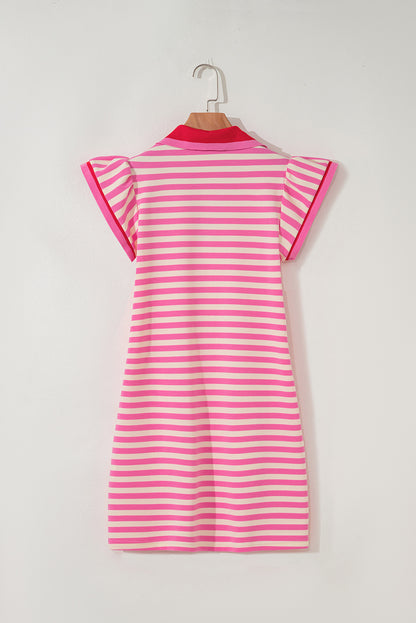 Stripe Flutter Sleeve Contrast Collar Mini Dress