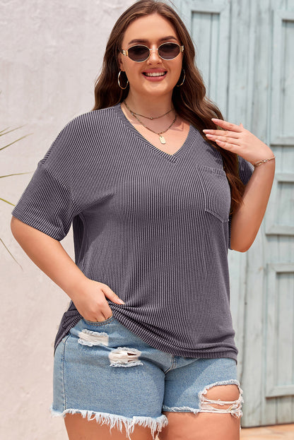 Plus Size Solid Corded Knit V-Neck T-Shirt