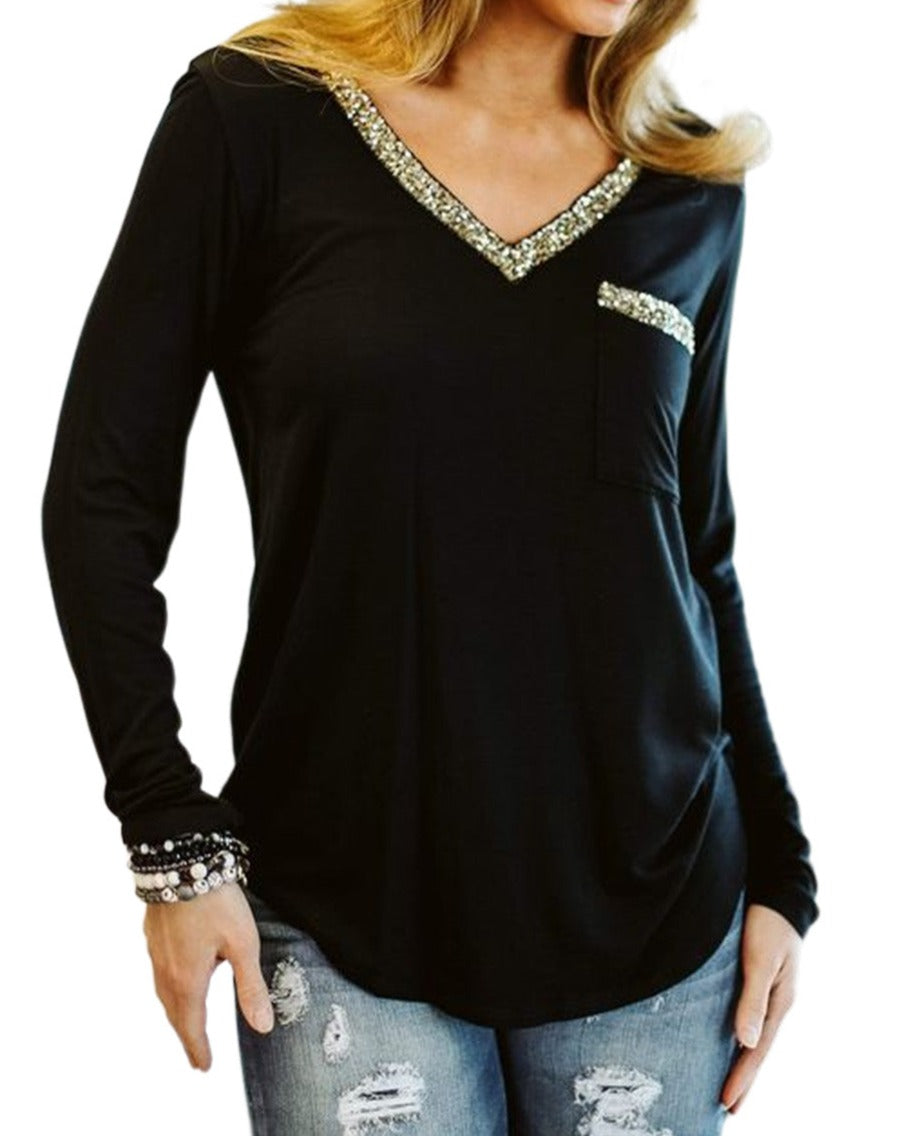 Glitter Trim Long Sleeve Top