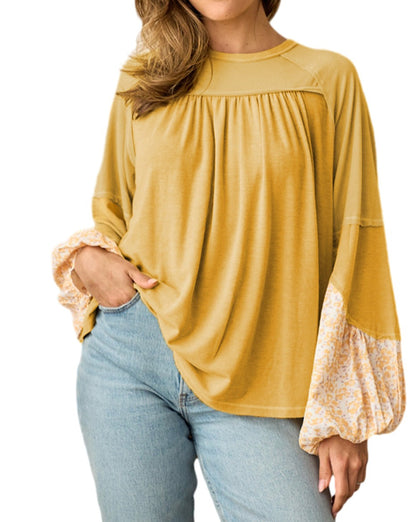 Floral Colorblock Balloon Sleeve Blouse