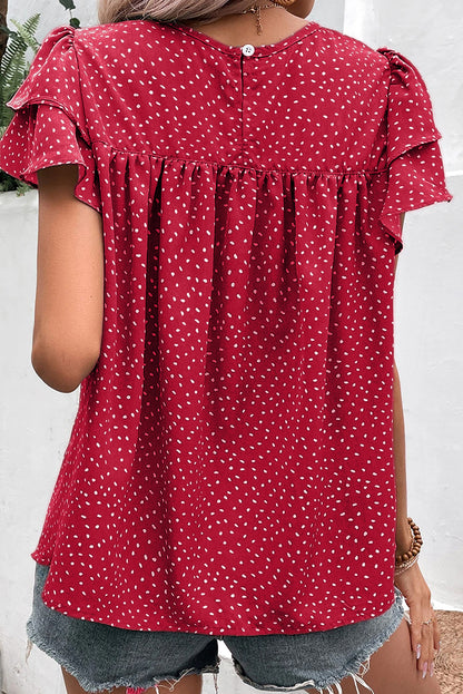 Dotted Ruffle Sleeve Ruched Blouse