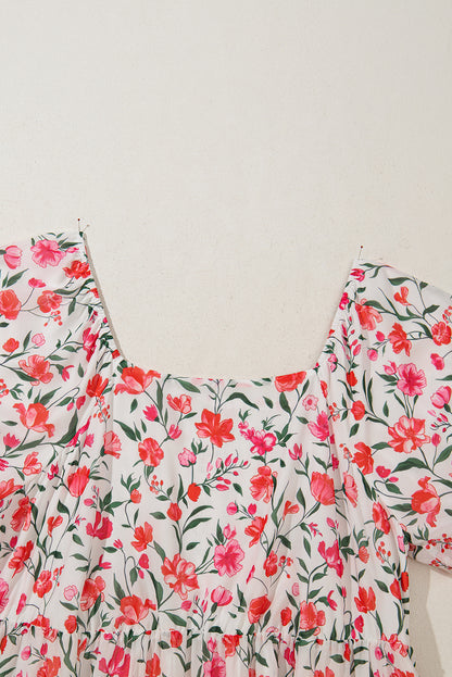 Plus Size Floral Puff Sleeve Square Neck Dress