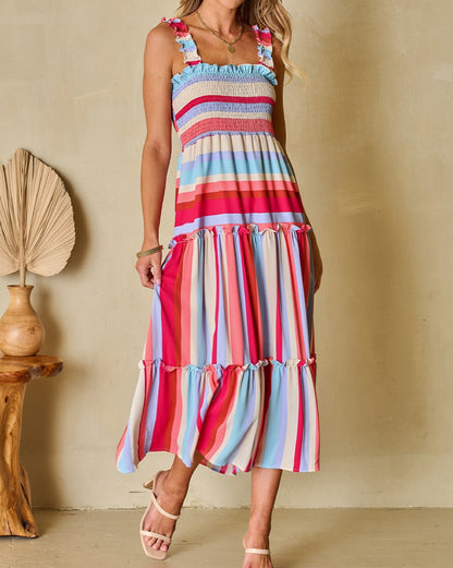 Stripe Smocked Ruffle Tiered Dress