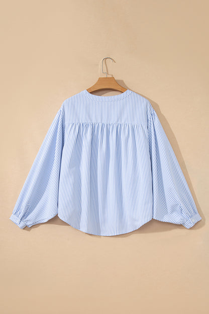 Floral Embroidered Stripe Billowy Sleeve Tunic Shirt