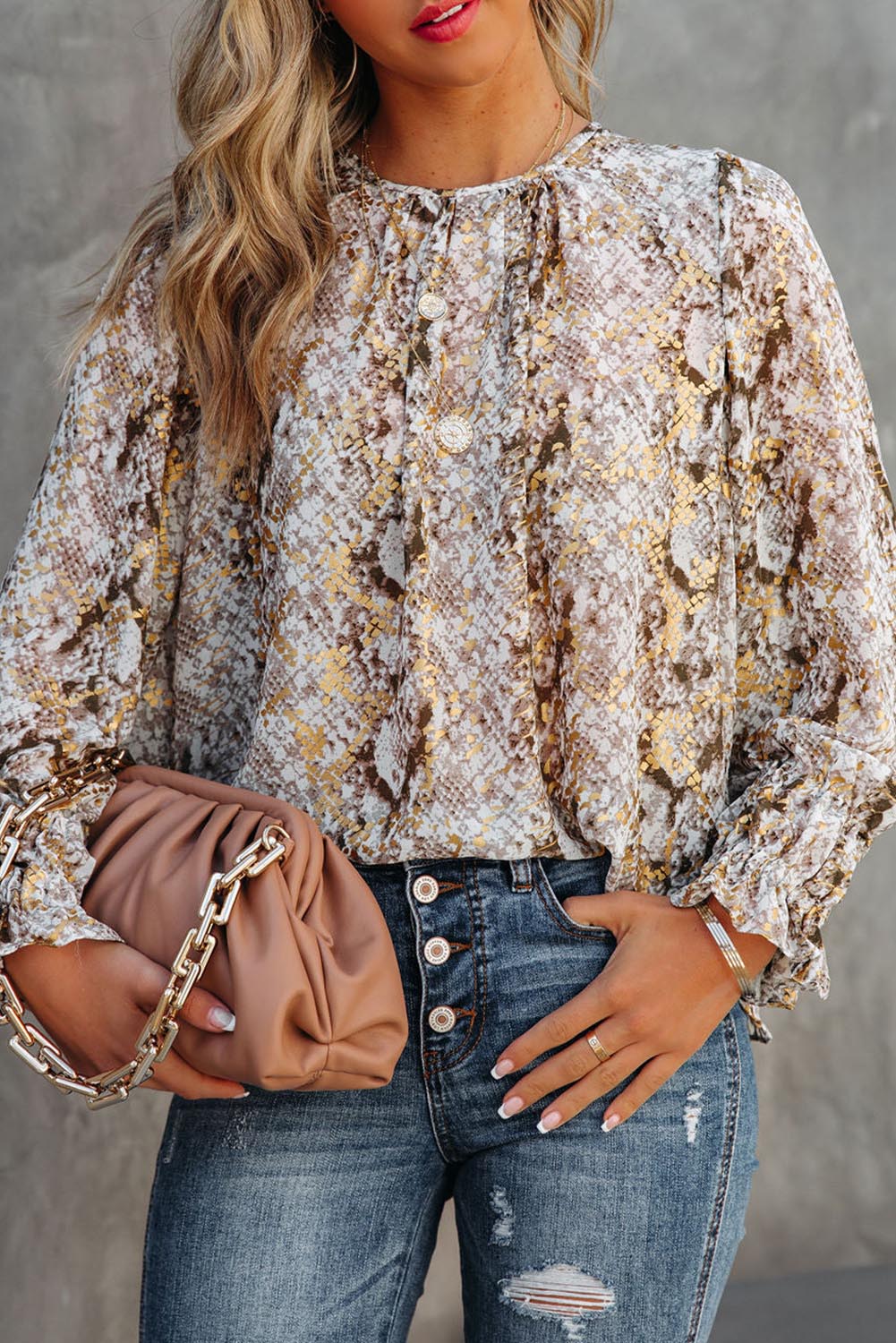 Metallic Snakeskin Bishop Sleeve Blouse