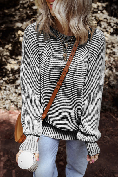 Stripe Ribbed Knit Boat Neck Sweater