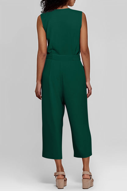 Button-Up Sleeveless Belted Jumpsuit