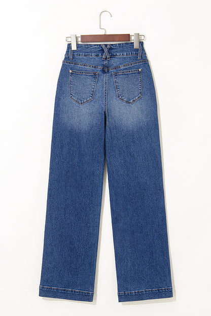 Denim Double Button Straight Leg Jeans