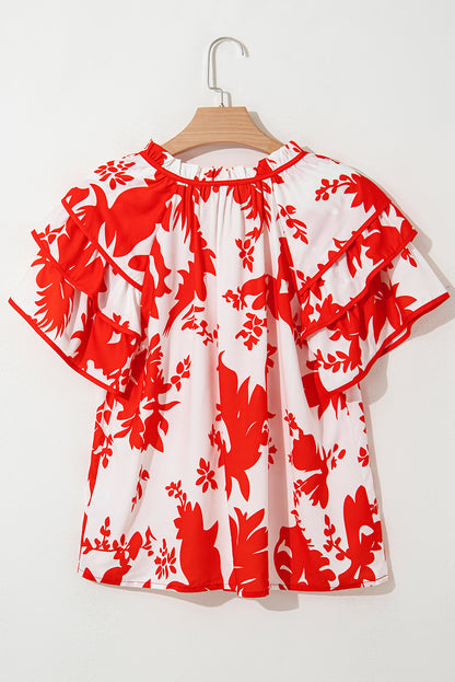 Floral Tiered Ruffle Sleeve V-Neck Blouse