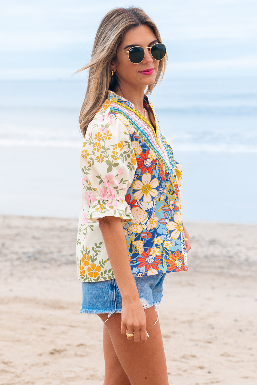 Floral Boho Crochet V-Neck Short Sleeve Blouse