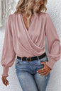 Draped V-Neck Long Sleeve Blouse