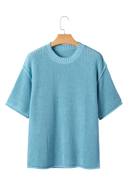 Solid Exposed Seam 3/4 Sleeve Loose Sweater