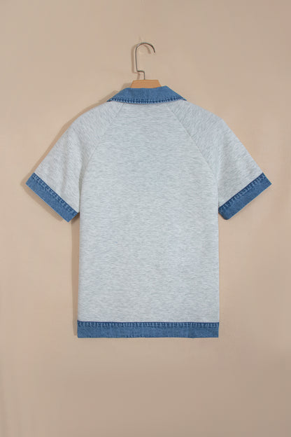 Denim Contrast Collar Cuffed Short Sleeve Top
