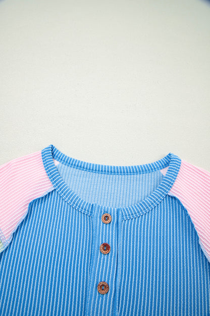 Colorblock Corded Knit Patchwork Henley Tee