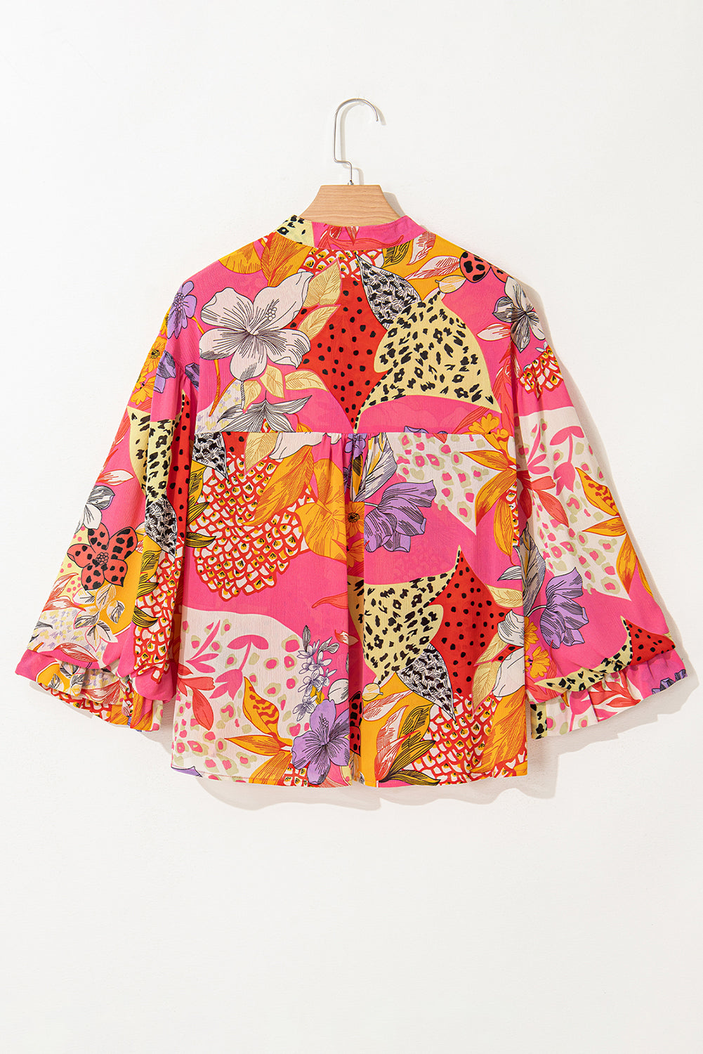 Floral Abstract Leopard Buttoned Ruffle Bubble Sleeve Shirt