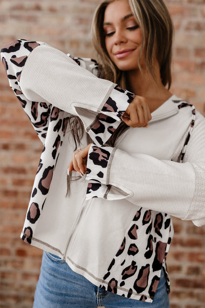 Leopard Waffle Knit Patchwork Zip Up Hoodie