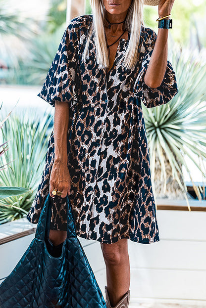 Leopard Puff Sleeve Shirt Dress