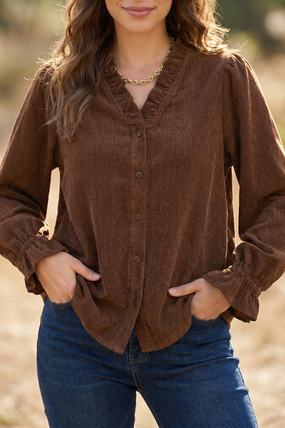 Solid Ruffle Trim V-Neck Long Sleeve Corduroy Shacket