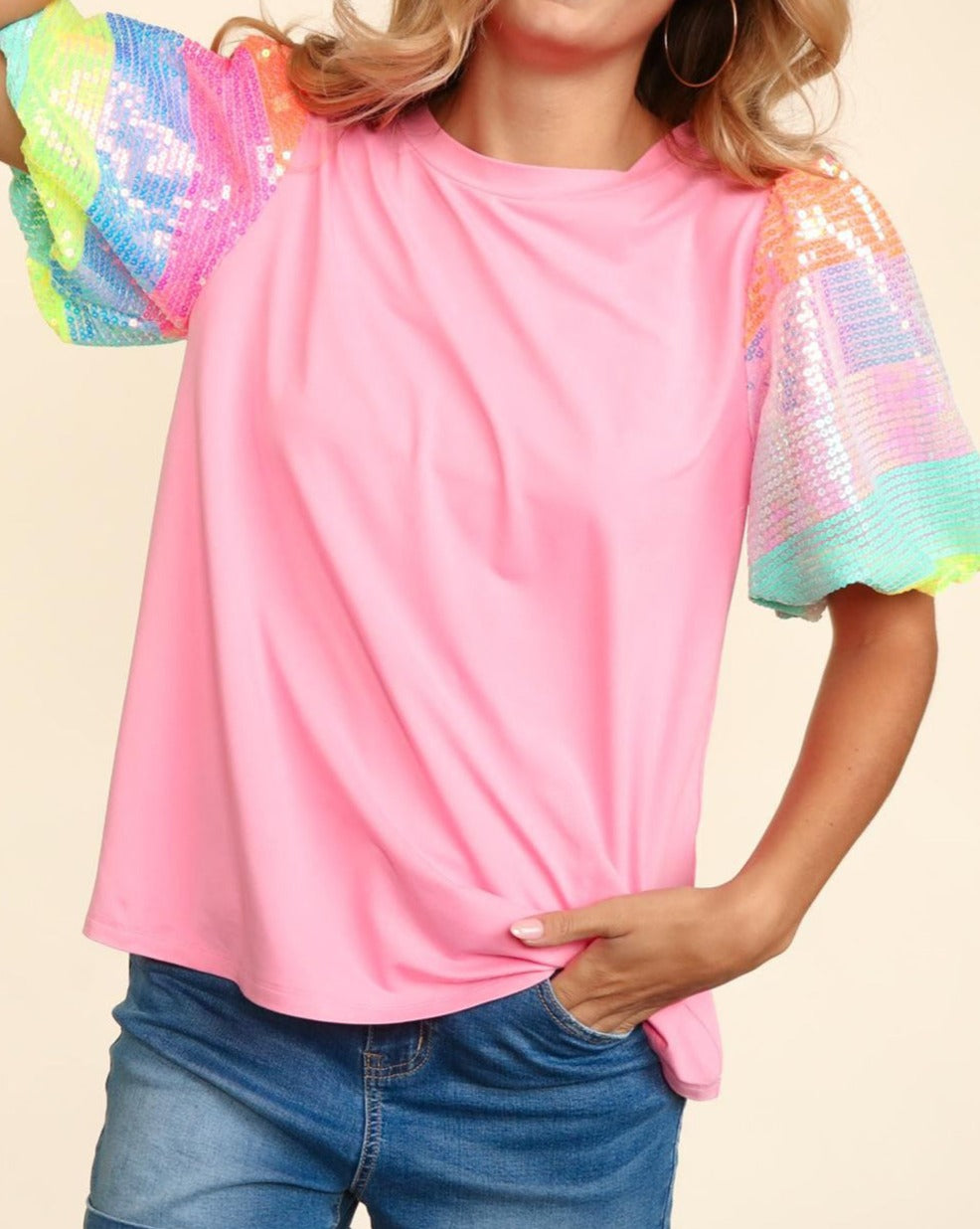 Sequin Colorblock Puff Sleeve Top