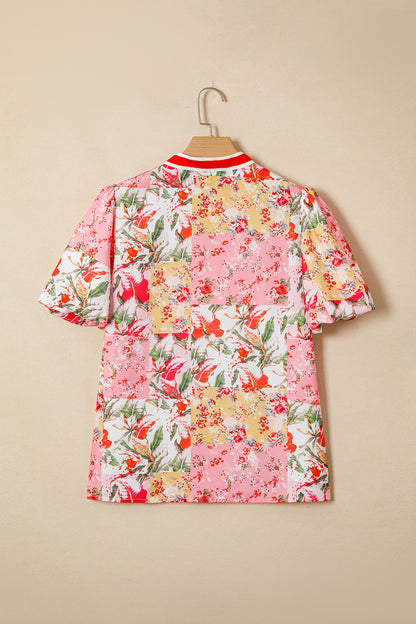 Floral Contrast Collared V-Neck Short Sleeve Blouse