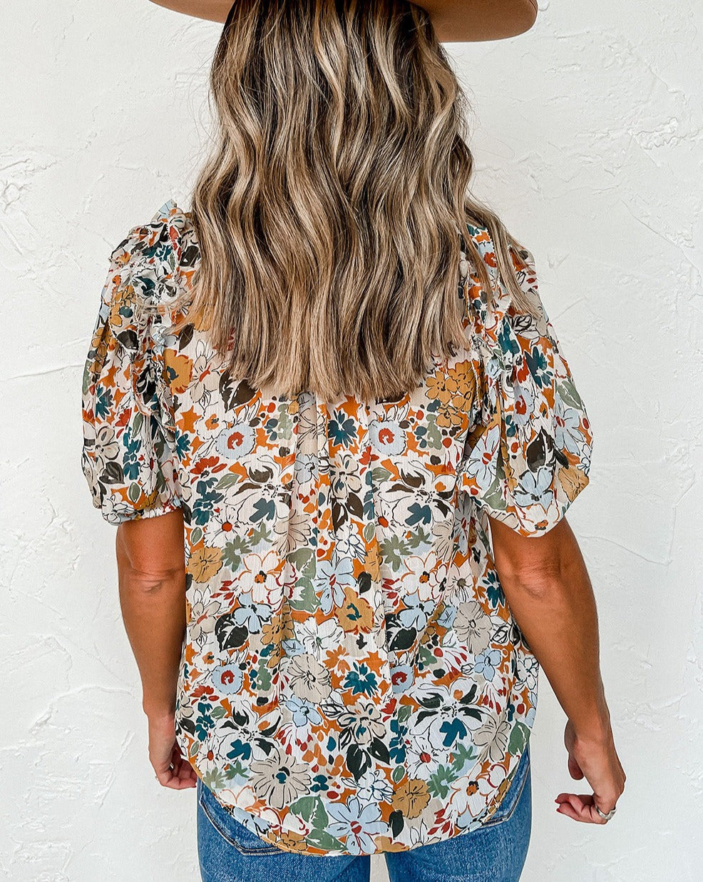 Floral Puff Sleeve V-Neck Blouse