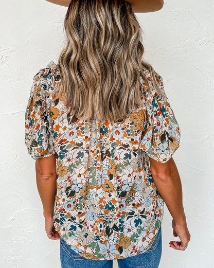 Floral Puff Sleeve V-Neck Blouse