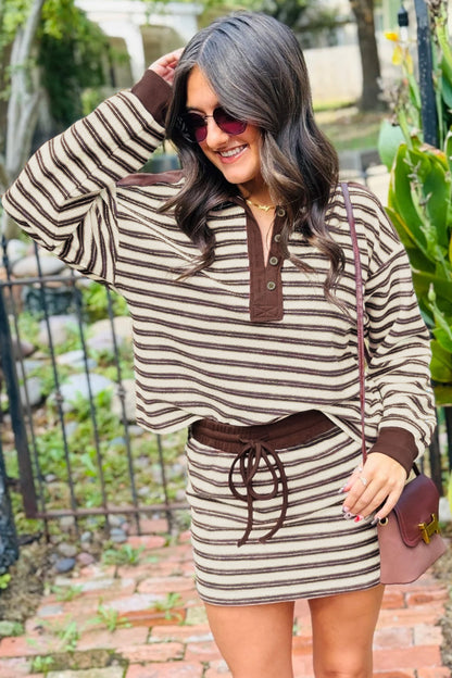 Stripe Buttoned Polo Collar Top & Mini Skirt Set