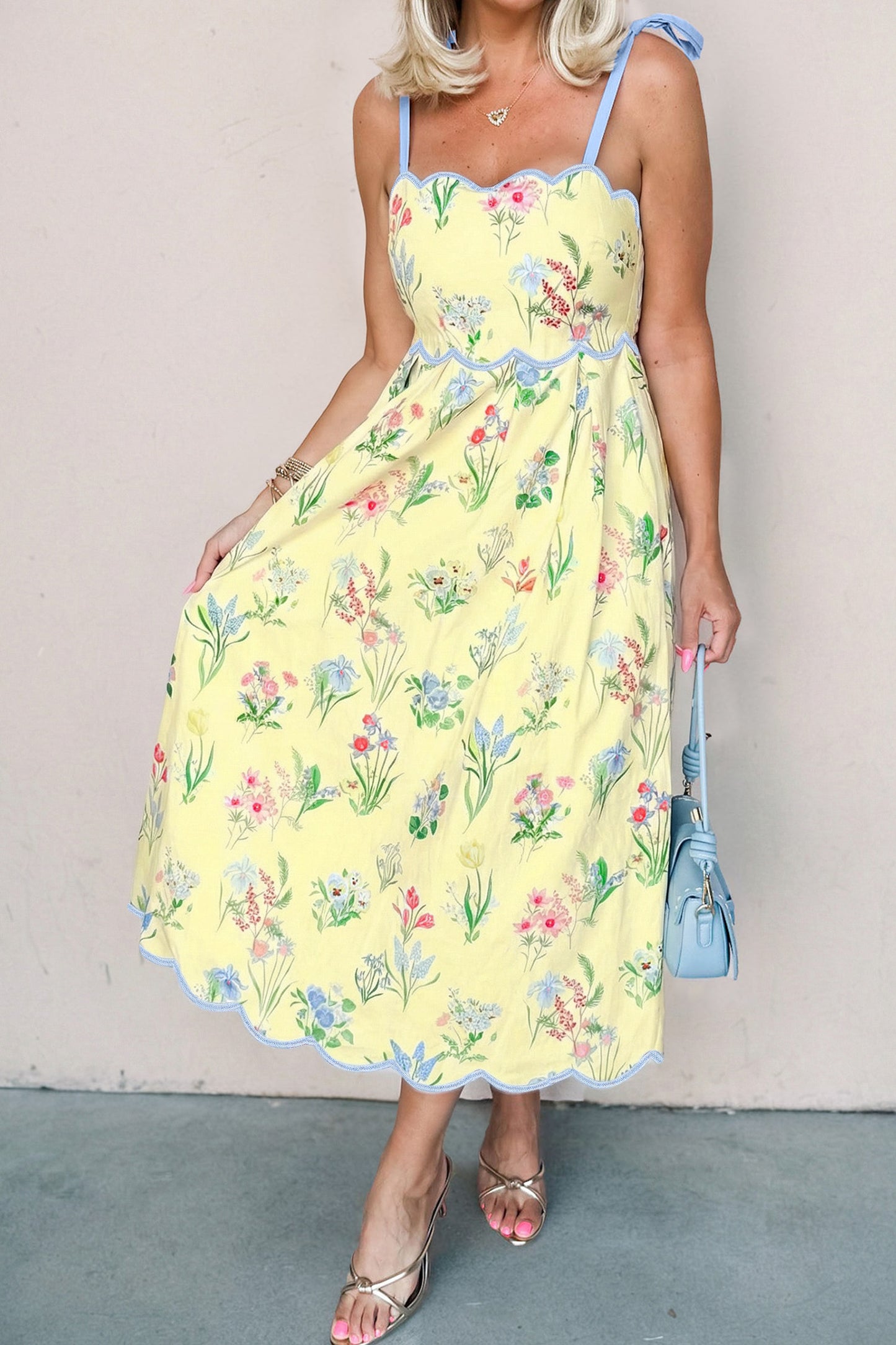 Floral Contrast Trim Tie Strap Midi Dress