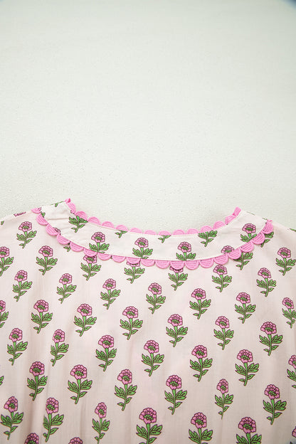 Floral Scallop Trim V-Neck Button Front Maxi Dress