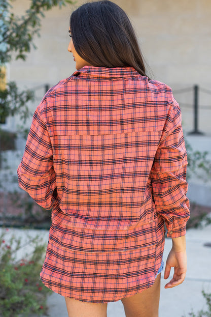 Plaid Button-Up Distressed Hem Long Sleeve Shirt