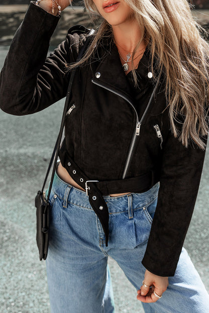 Suede Zip-Up Belted Motorcycle Jacket