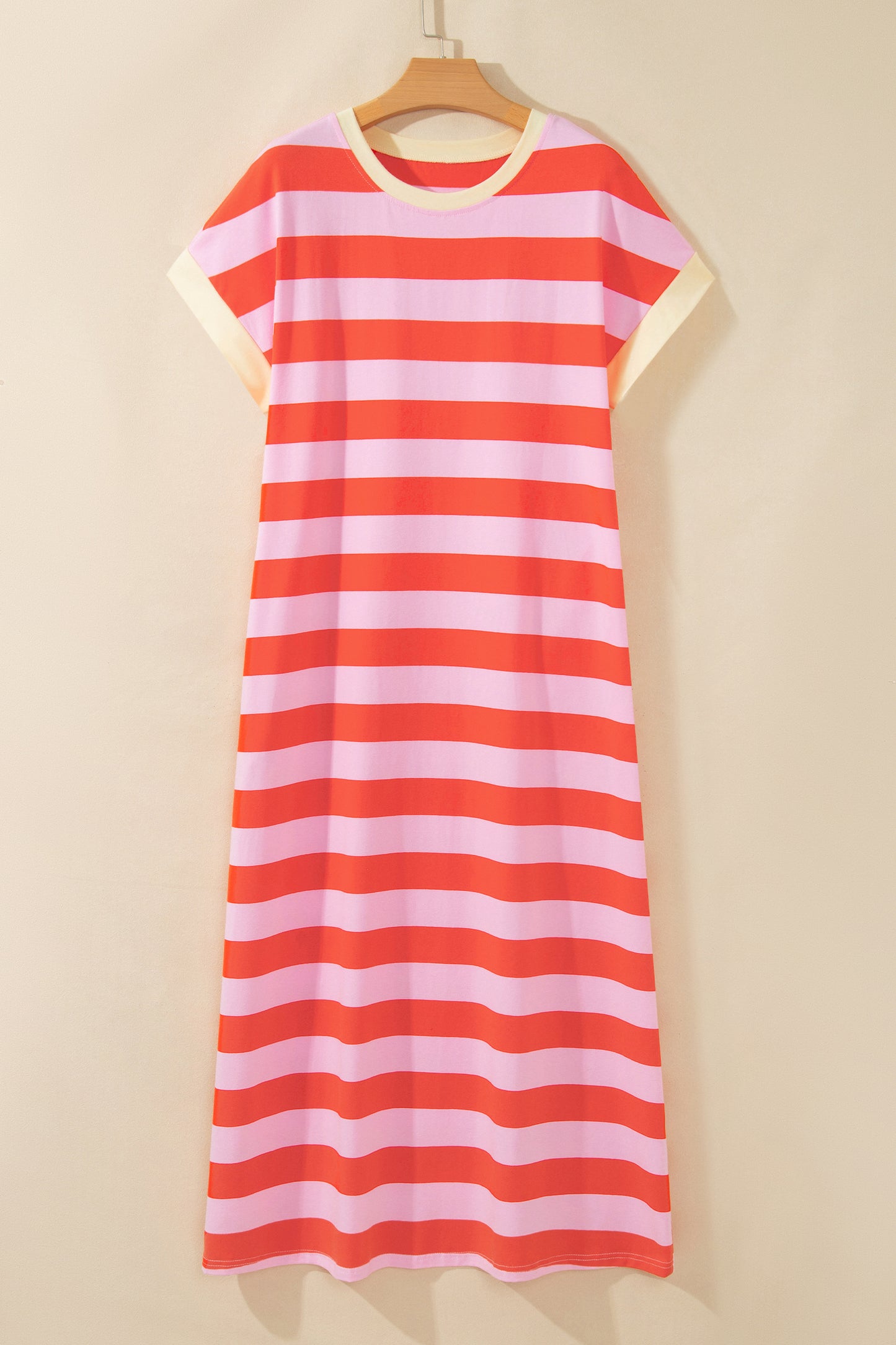 Stripe Cuffed Short Sleeve T-Shirt Long Dress w/ Pockets