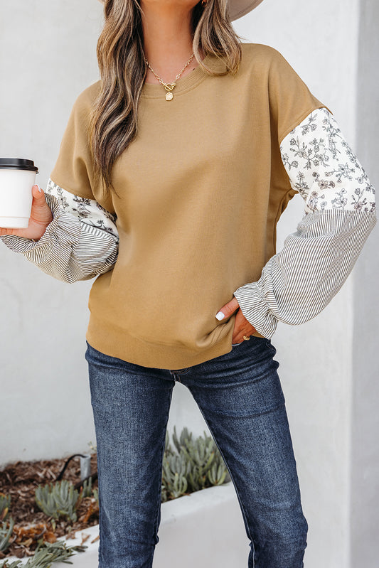 Floral Stripe Patchwork Ruffle Sleeve Crewneck Sweatshirt