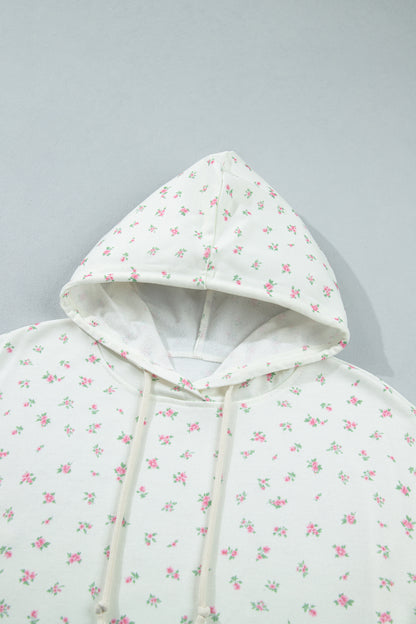 Floral Drop Shoulder Kangaroo Pocket Drawstring Hoodie