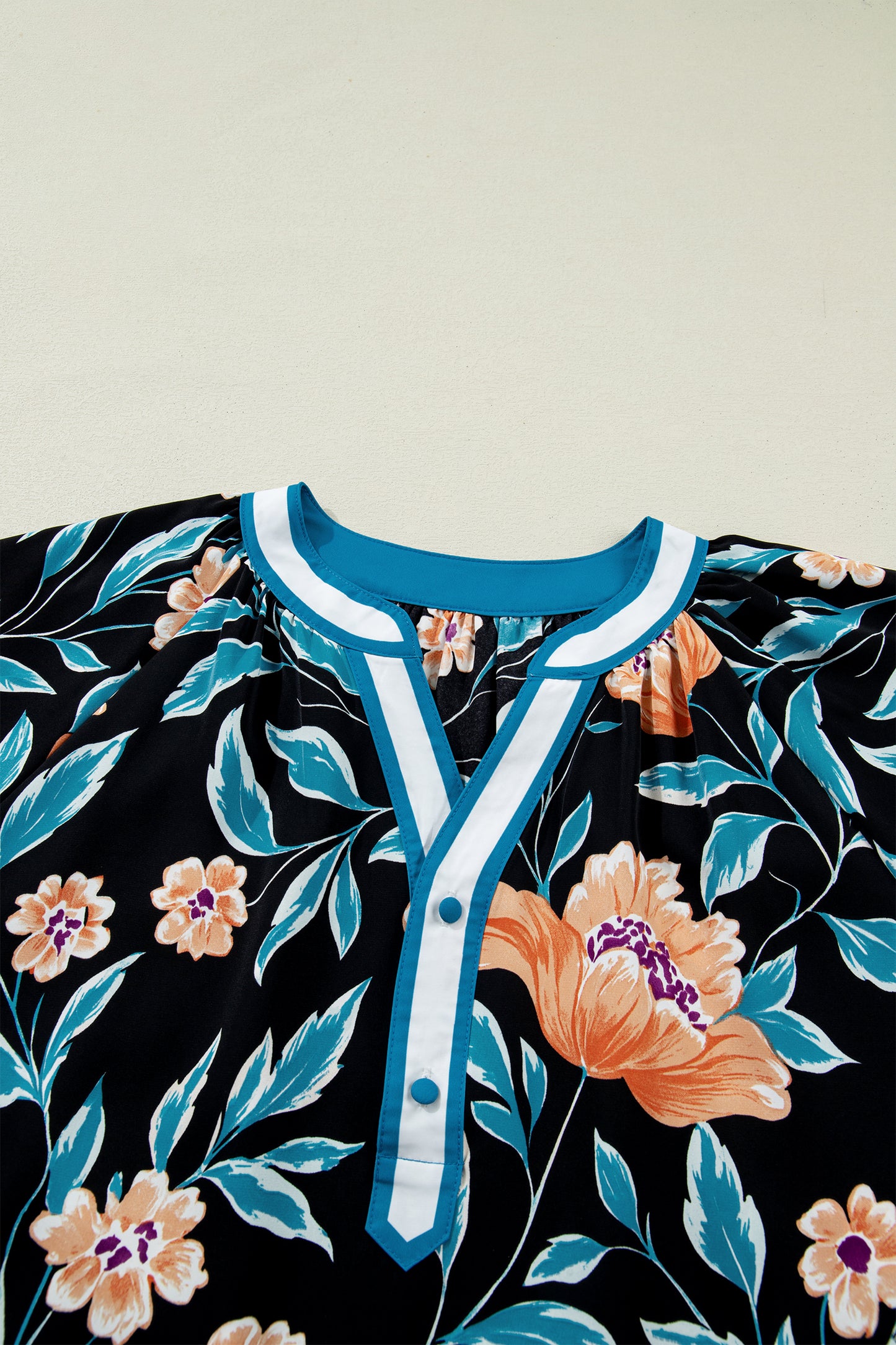 Floral Bubble Sleeve Buttoned Notch Neck Blouse