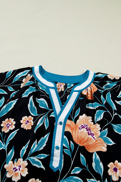 Floral Bubble Sleeve Buttoned Notch Neck Blouse