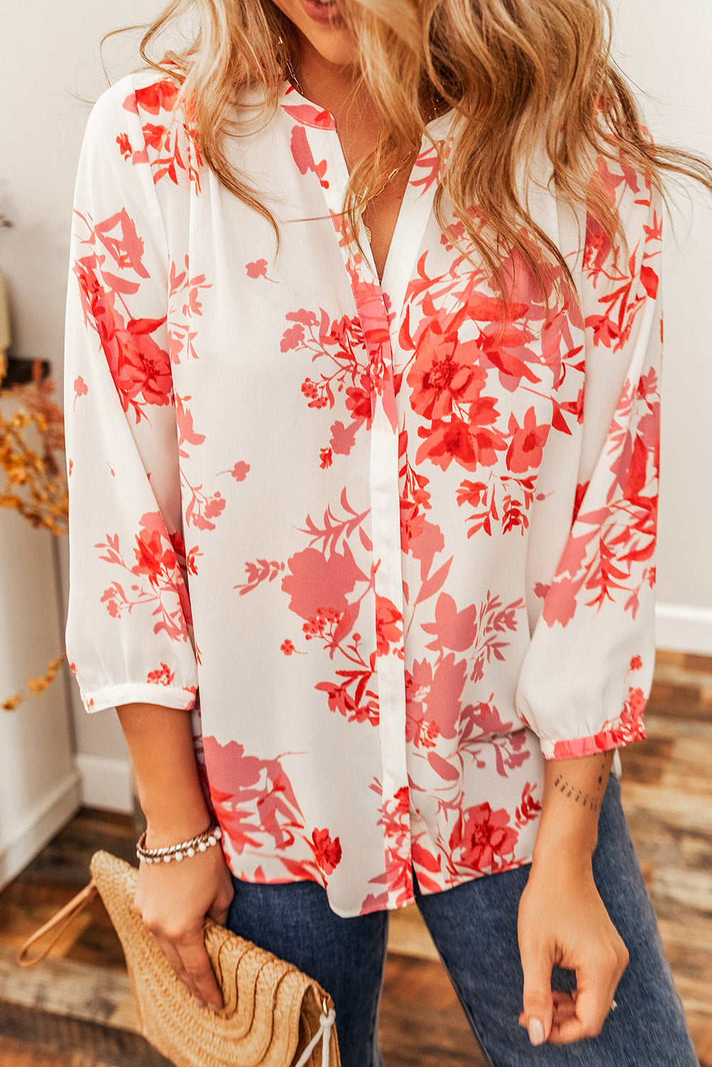 Floral Pleated Back 3/4 Sleeve Shirt