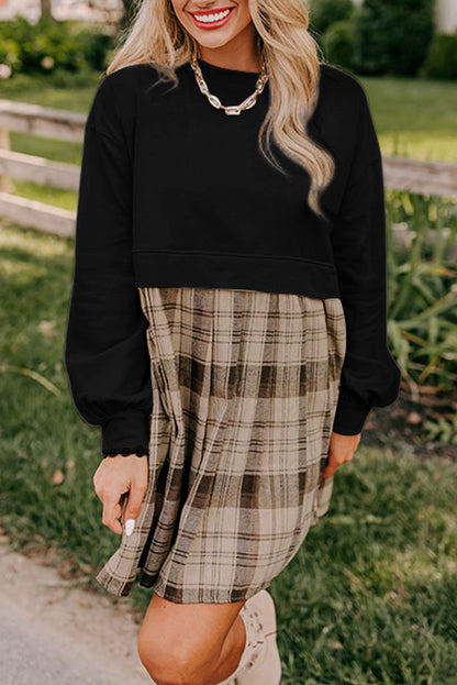 Plaid Patchwork Sweatshirt Mini Dress