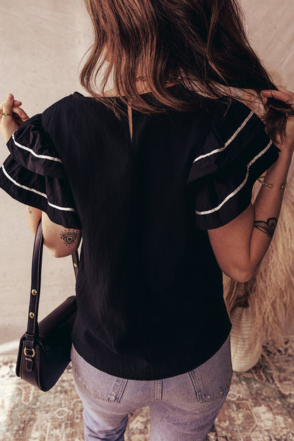 Contrast Trim Ruffle Short Sleeve Blouse