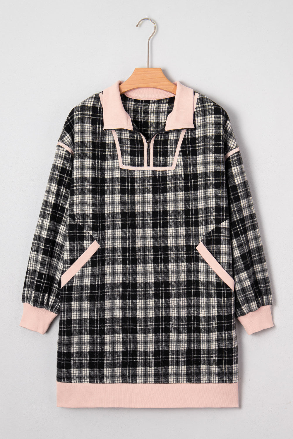 Plaid Collared Zip-Up Long Sleeve Mini Dress