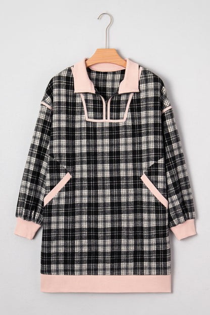 Plaid Collared Zip-Up Long Sleeve Mini Dress