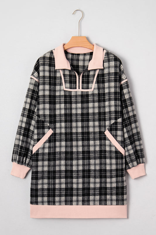 Plaid Collared Zip-Up Long Sleeve Mini Dress