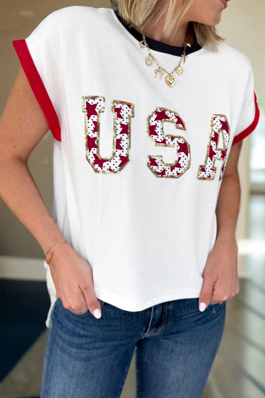 Sequin Star USA Patch Colorblock Trim T-Shirt