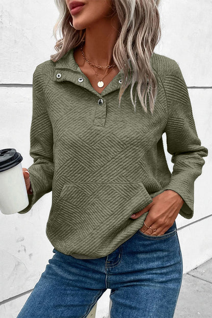 Geometric Textured Buttoned Collar Sweatshirt