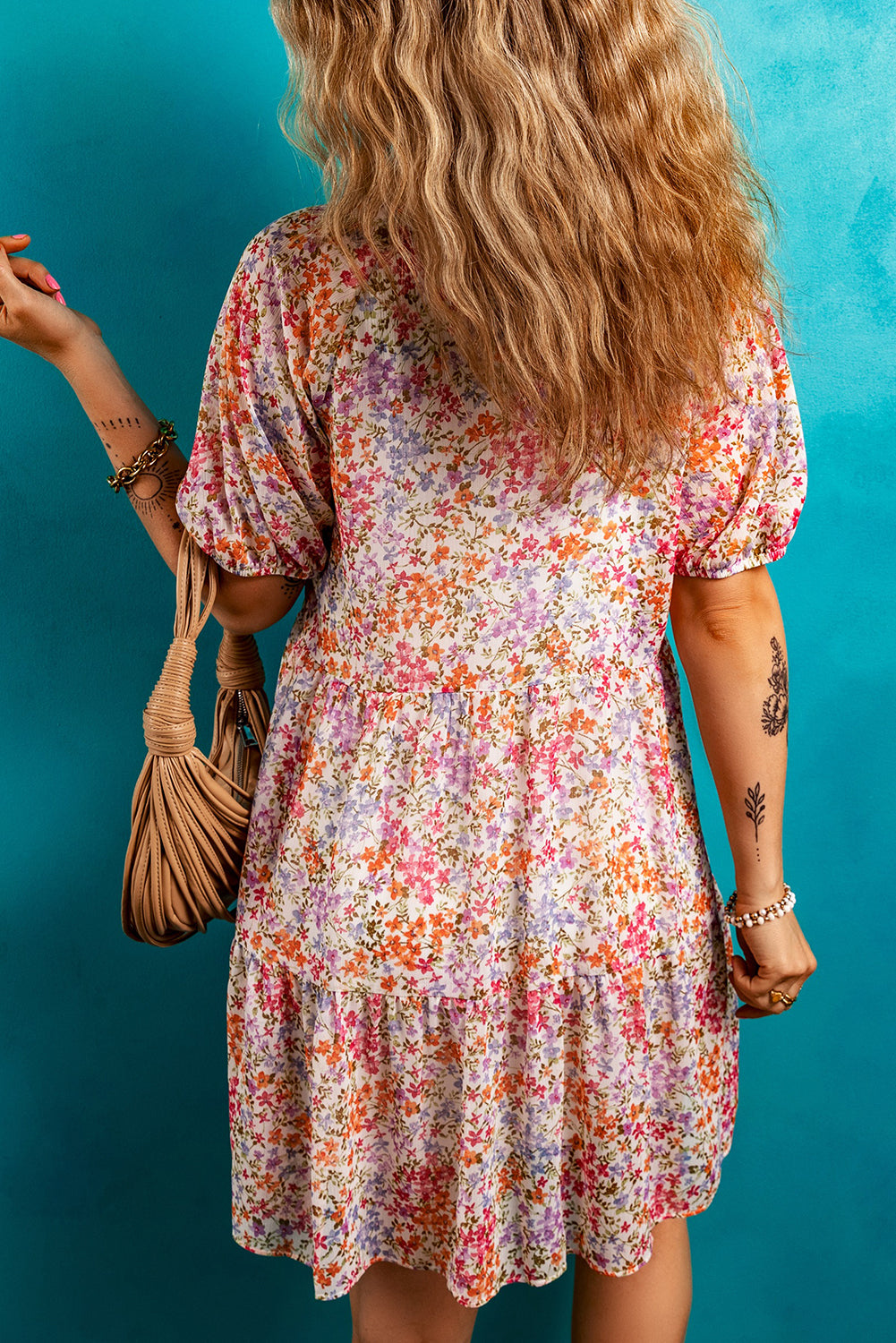 Floral Puff Sleeve V-Neck Tiered Mini Dress