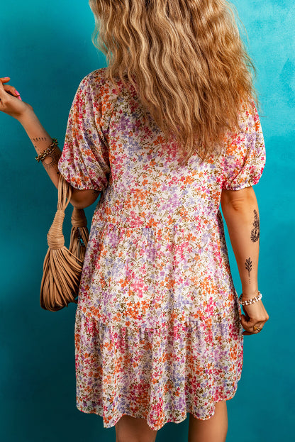 Floral Puff Sleeve V-Neck Tiered Mini Dress
