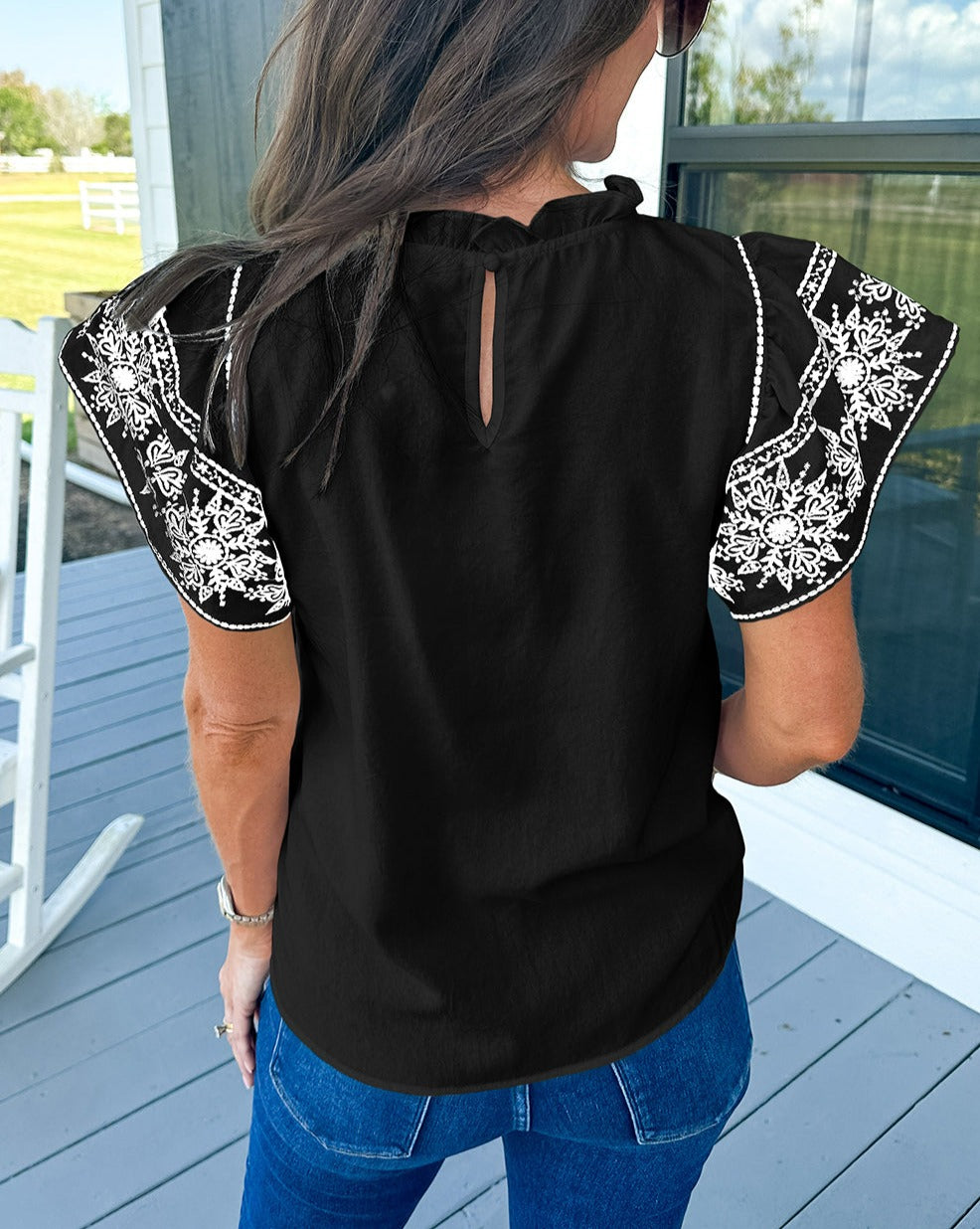 Floral Embroidered Ruffle Sleeve Blouse