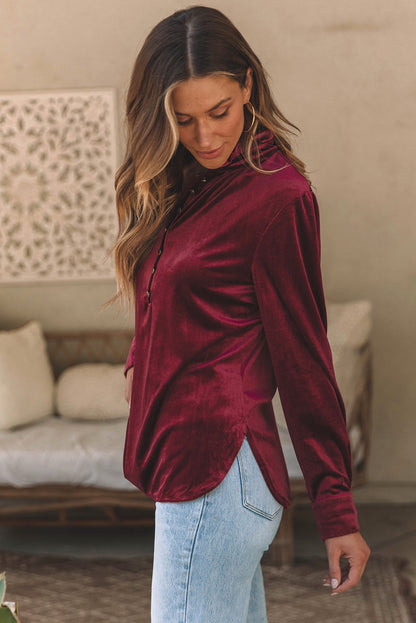 Velvet Frilled Neck Buttoned Top